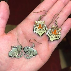 Set of vintage animal earrings: tigers and elephants